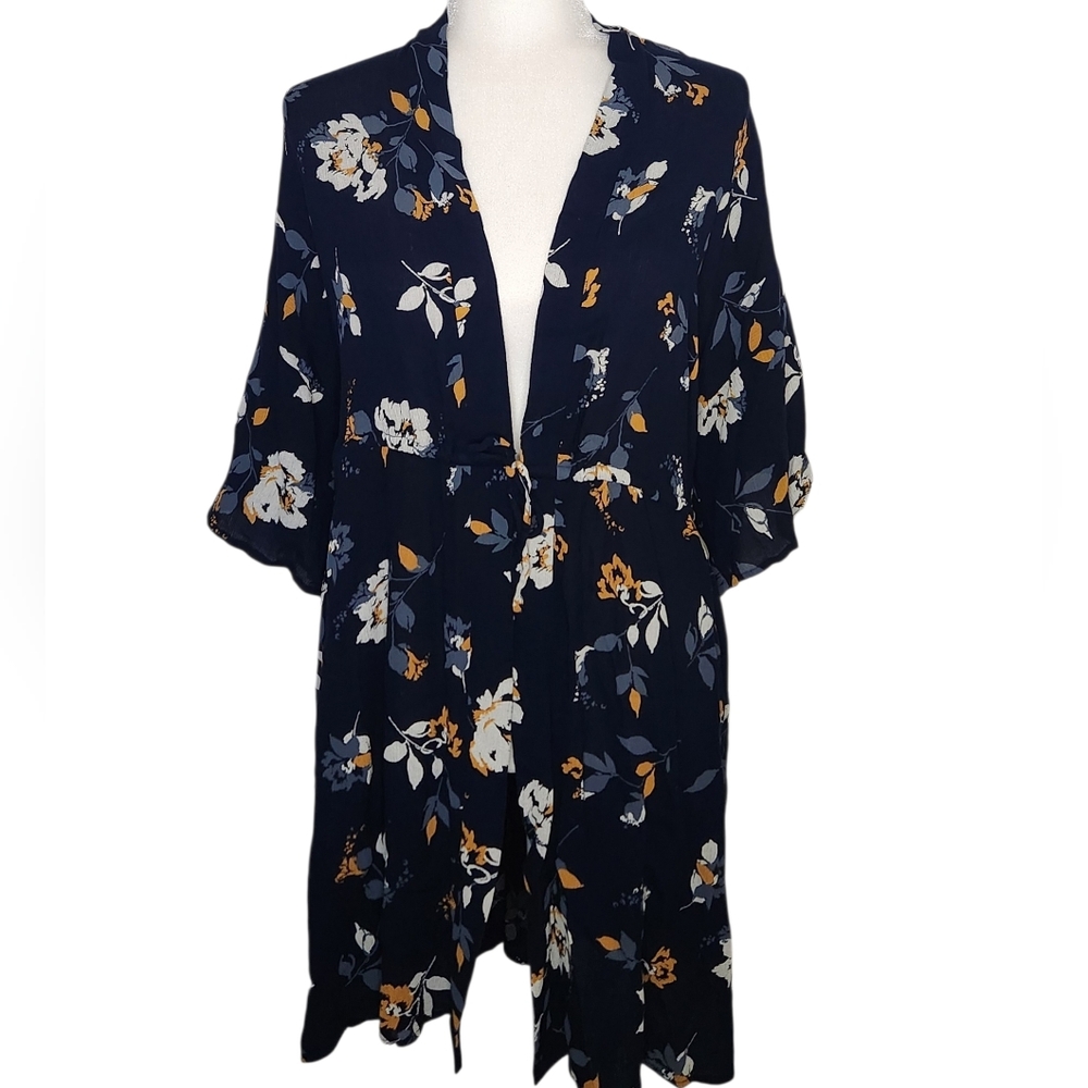 Maurices Blue Floral Kimono Cardigan Open Front Duster Lightweight Small Medium